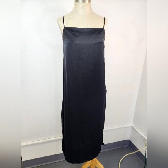 H&M Women's Elegant Black Slip Dress Straight Side Slit, sz SM - Picture 1 of 11